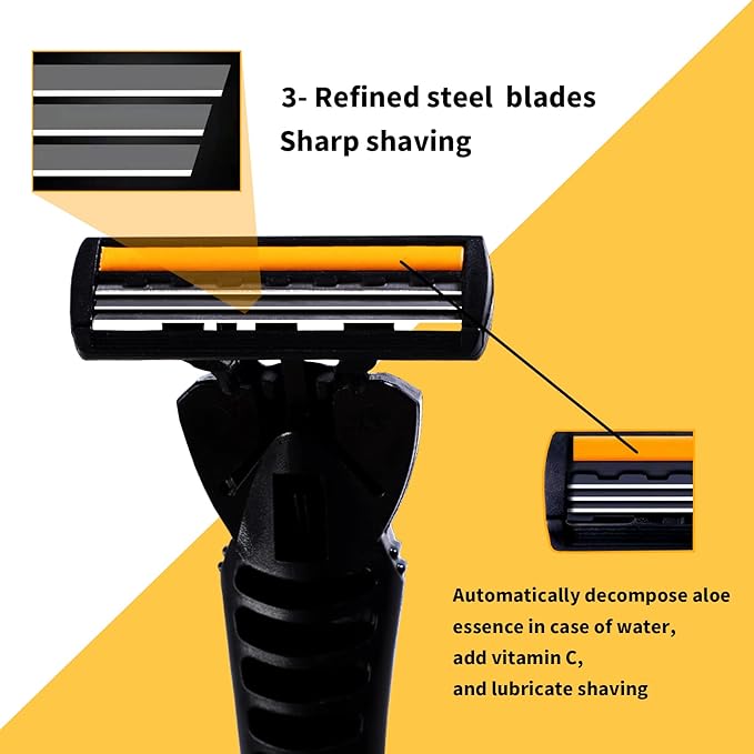 3-Blade Razor,Plastic Anti-slip Men Manual Refill Cartridges razors, Reusable Face Cleansing Care Tool,24 Cartridges,Shave Supplies for Men and Women - Orange