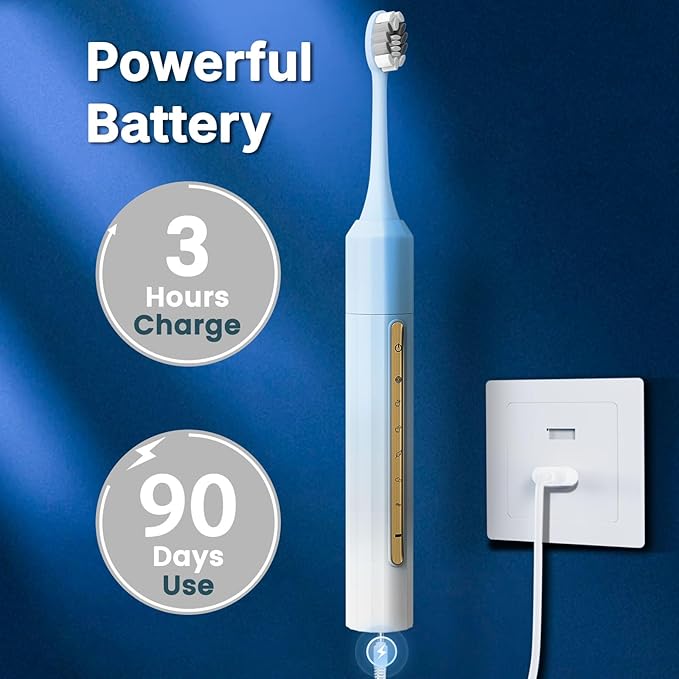 Sonic Electric Toothbrush for Adults & Kids - 10 Brush Heads, 90-Day Battery, 5 Modes, 2-Min Timer, IPX8 Waterproof, Rechargeable & Travel-Friendly (Blue White)