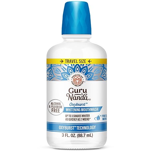 GuruNanda Oxyburst Teeth Whitening Mouthwash – Alcohol & Fluoride Free, with Hydrogen Peroxide & 7 Essential Oils, for On-The-Go Freshness, TSA Friendly, Wild Mint, 3 fl oz