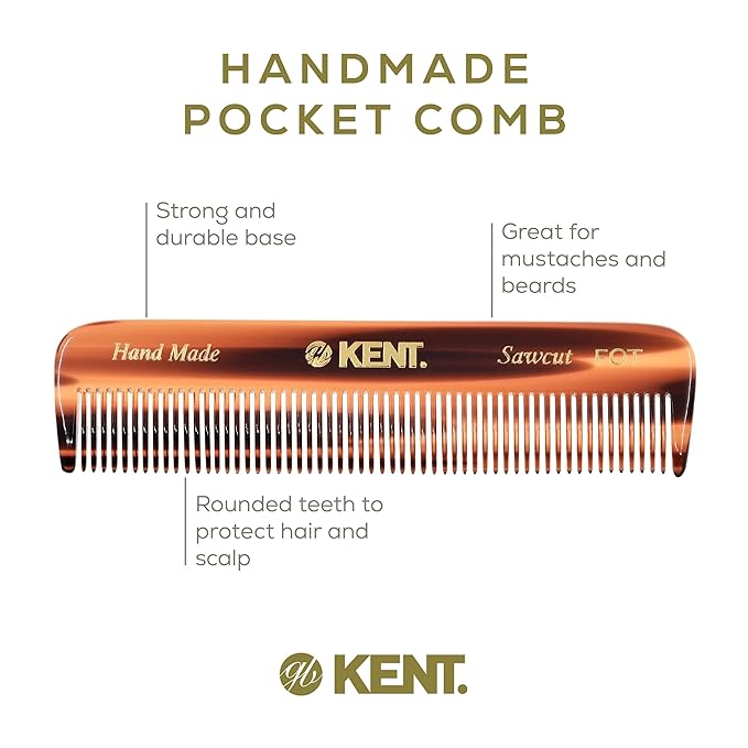 Kent FOT Fine Tooth Handmade Pocket Comb for Men, Women and Kids, Hair Comb Straightener for Everyday Grooming and Styling, Beard and Mustache, Saw Cut, Hand Polished, Made in England