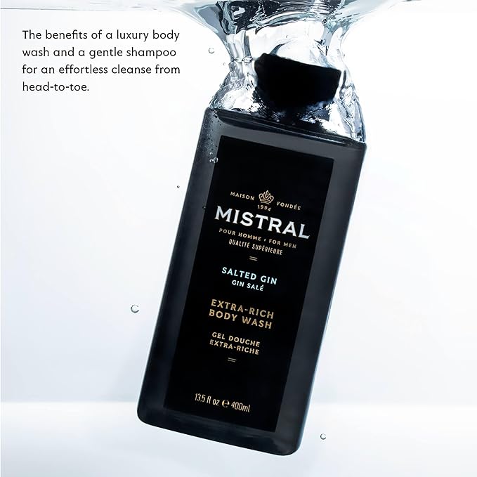 Mistral Men's Body Wash & Shampoo, Salted Gin 13.5 oz | 2-in-1 Natural Shower Gel for Men | SLS, Paraben & Phthalate Free | Natural Men’s Body Wash, Moisturizing Bath Gel - Made in France