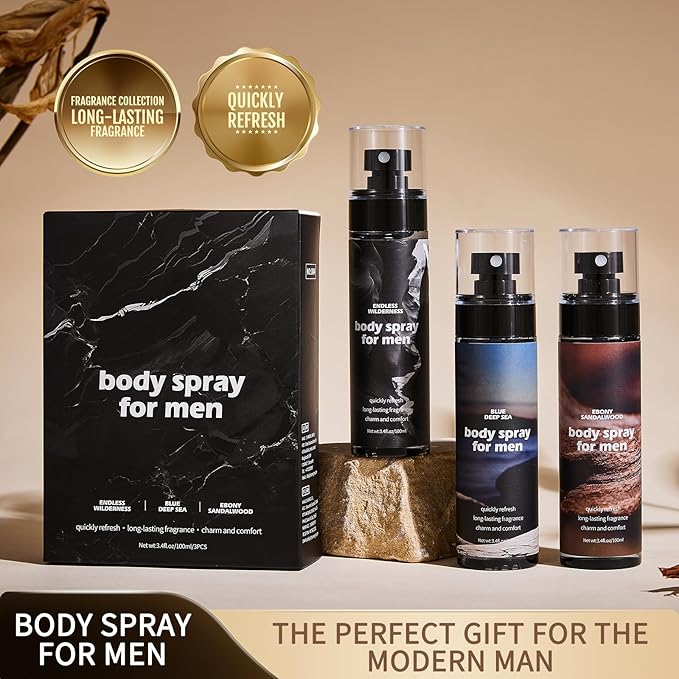 Body Spray For Men, Aluminum Free Deodorant for Men, Mens Body Spray, Powerful Freshness Gentle Formula, Alcohol-Free Suitable for All Skin Types 3.4fl.oz*3pcs