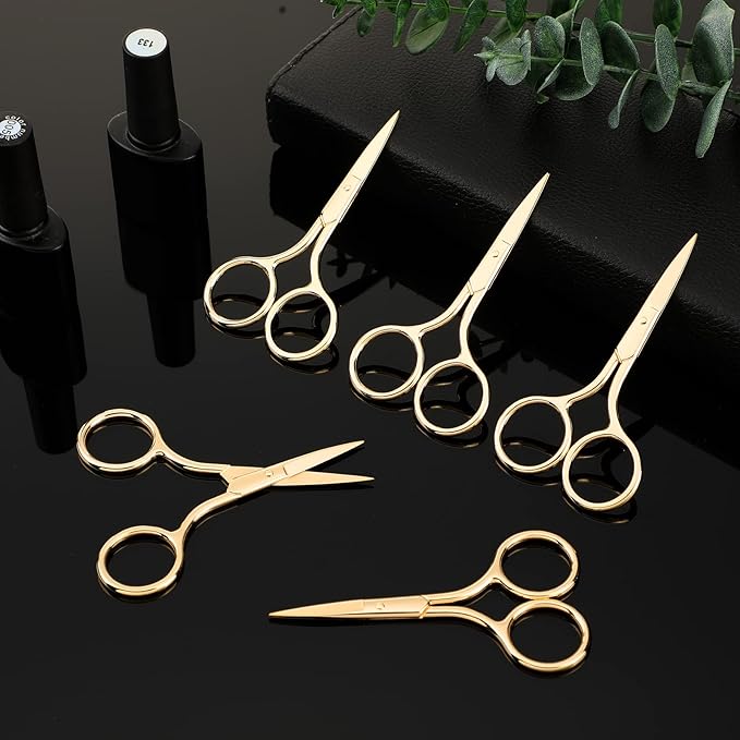 5 Pieces Small Straight Tip Nose Hair Scissor for Grooming, Stainless Steel Multi-Purpose Beauty Grooming Scissors for Facial Hair Removal and Mustache Beard Eyebrows Ear Nose Trimming(Gold)
