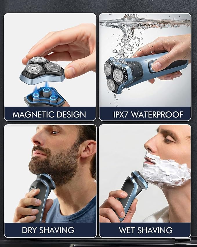 Electric Razors for Men Waterproof Cordless Razor Wet 3D Floating Head Precision Blades Electric Shavers for Men Face Sensitive Skin Care,USB Fast Charging,Type-C,Pop-Up Trimmer, 3 Replacement Blades