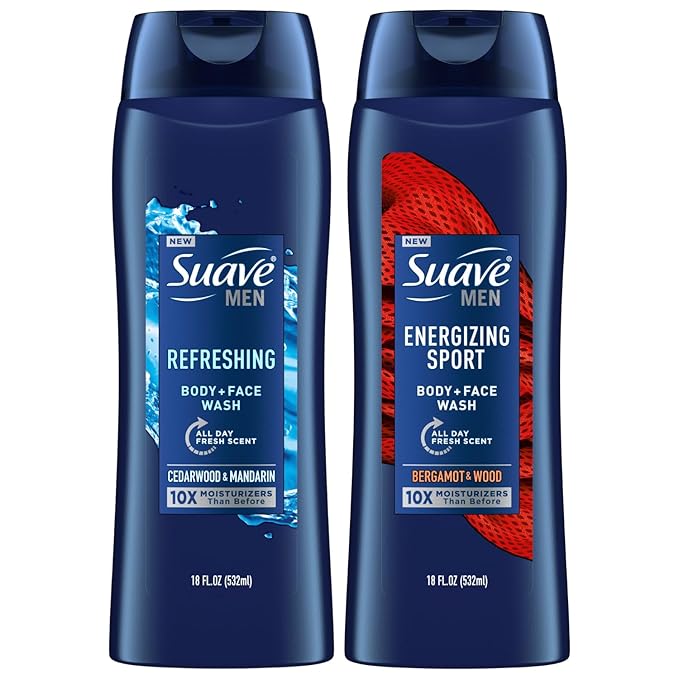 Suave Men Body Wash Variety 2-Pack – Refreshing Body + Face Wash, Cedarwood & Mandarin + Energizing Sport Body + Face Wash, Bergamot & Wood, 18 Oz Ea