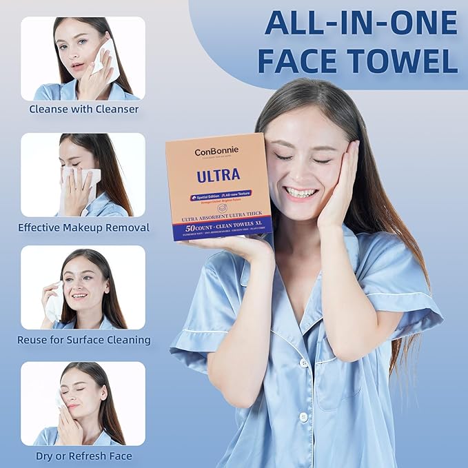Clean Face Towels XL, Special Ed., 10"×12" Biobased Facial Towels, Disposable Face Towelette, Makeup Remover, L-shaped Textured, Enhanced Cleaning for Skin Care, 50 Count (1 Pack)