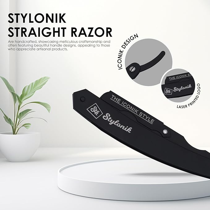 Professional Straight Edge Barber Razor – 60 Single/30 Double-Sided Stainless Steel Blades for Men & Women, with Leather Case (Matt Black)