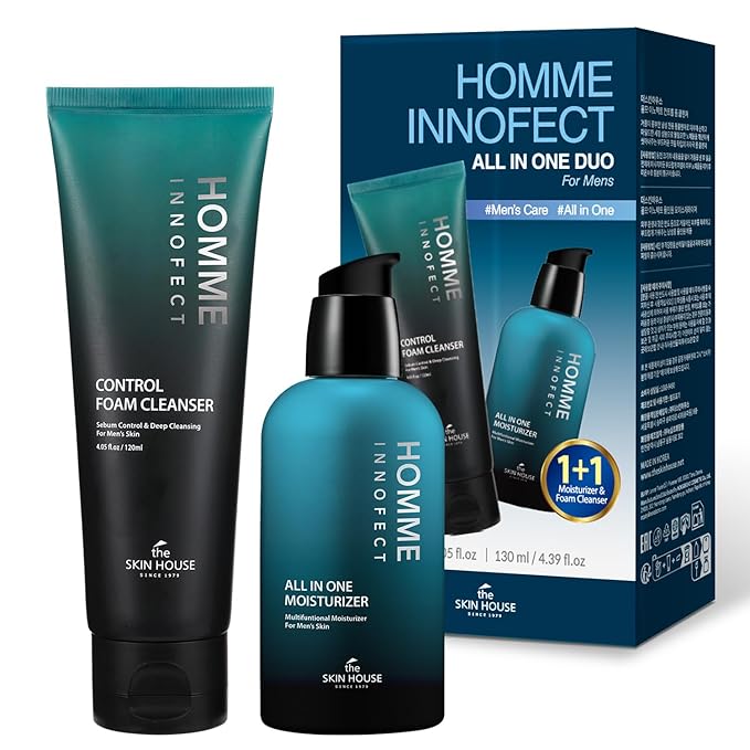 [New Years Gift ]HOMME INNOFECT All-in-One Skincare Duo for Men | Foaming Face Wash & All-in-One Moisturizer (Toner + Serum + Aftershave Balm) | Korean Skin Care for Sensitive Skin,Holiday Gift