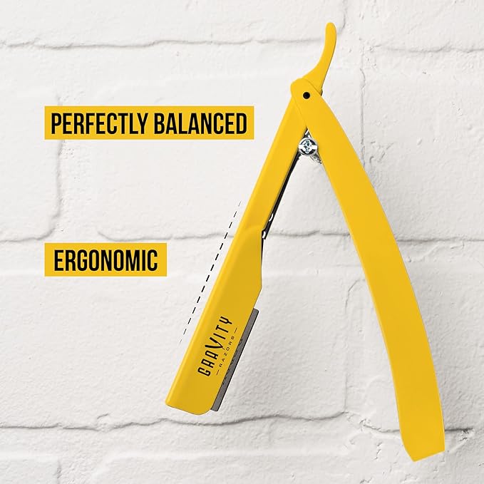 GRAVITY RAZORS Professional Straight Razor Kit – Ultra Exposure, Includes 10 Premium Blades, 2mm Exposed, Yellow
