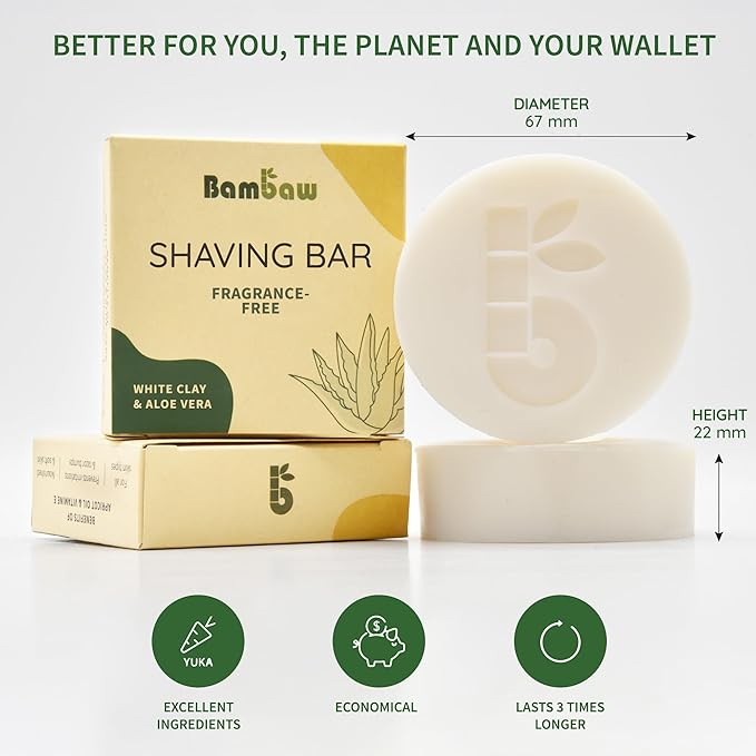 Bambaw | Shaving Soap Bar | 2.8 oz | Organic White Clay & Aloe Vera Shaving Bar | Shaving Soap Puck Sensitive Skin | Natural Shaving Soap | Vegan Shave Bar | Shaving Soap Unscented