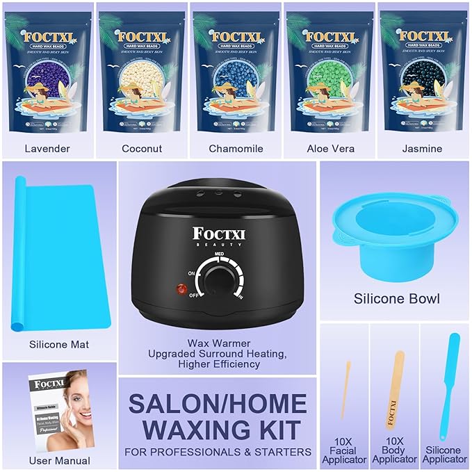 Premium Waxing Kit for Women, Wax Warmer Hair Removal at Home with Beads & Silicone Pot, Hard Wax Warmer for Face, Legs, and Body, Machine, 5 Pack Beads, Accessories, Black