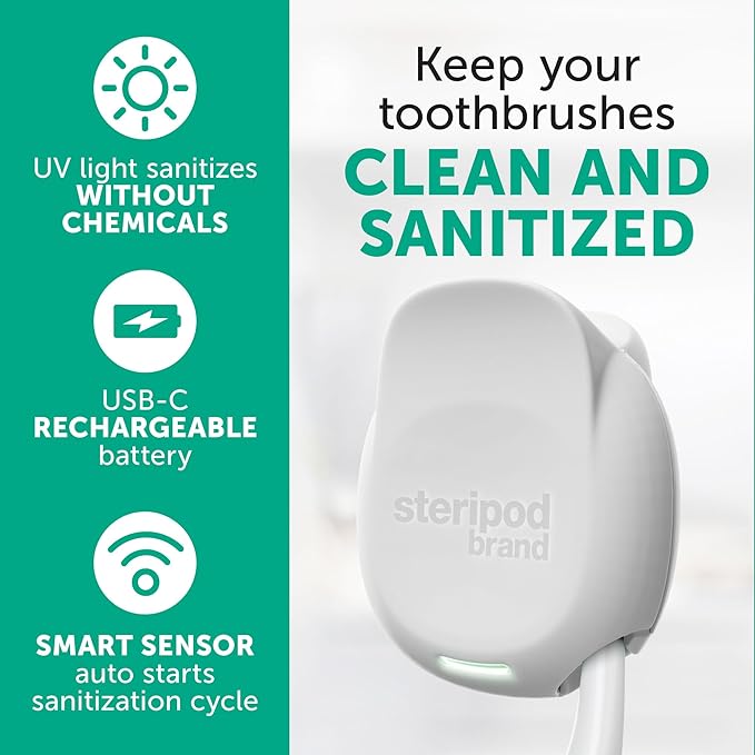 Steripod Brand Portable UV Toothbrush Sanitizer Clip, Rechargeable, Pearl, 1 Count