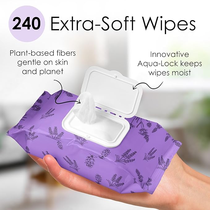 BeautyFrizz Lavender Face Wipes - 240 pcs - Gentle Makeup Remover Wipes for Women - Facial Cleansing Wipe with Aloe, Castor, Vitamin A and E - Extra Soft - Moisturizing