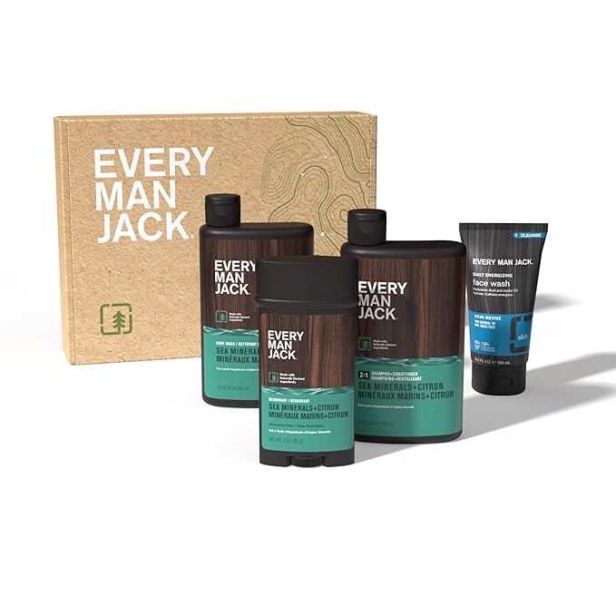 Every Man Jack Men's Bath and Body Gift Set - Sea Minerals + Citron Scent - Clean Ingredients - Includes Hydrating Body Wash, 2-in-1 Shampoo, Aluminum-free Deodorant & Face Wash