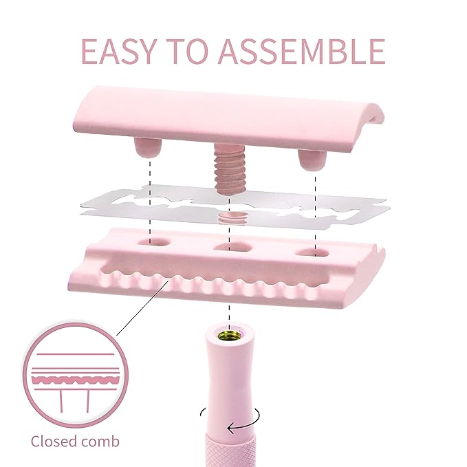 Bambaw Double Edge Safety Razor for Women With 5 Blades - Single Blade, Plastic Free Eco Razor, Reusable - Pink
