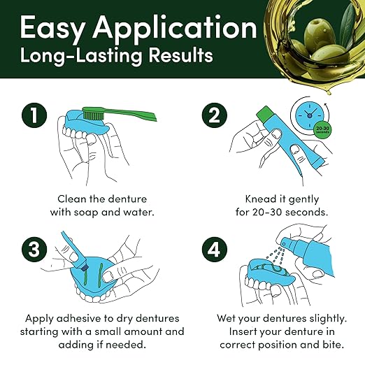 Denttach Green Denture Adhesive, Petroleum Free Olive Oil Based Denture Cream for Full and Partial Dentures, All Day Secure Hold Premium Denture Glue, Zinc Free, 2.4 Ounce