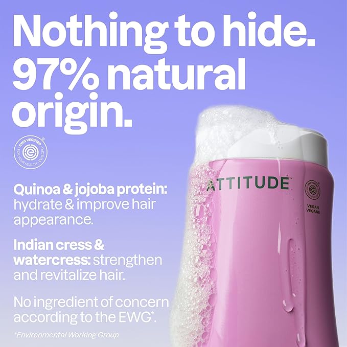 ATTITUDE Moisture Rich Hair Shampoo, EWG Verified, For Dry and Damaged Hair, Naturally Derived Ingredients, Vegan and Plant Based, Quinoa and Jojoba, 16 Fl Oz
