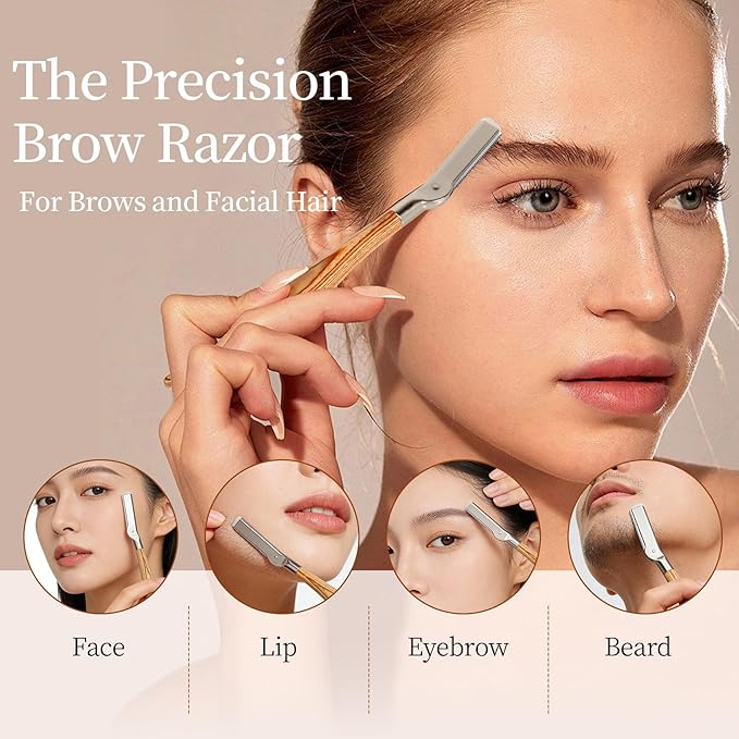 EyeBrow Razor with Safety Mesh Guard – Wooden Handle Eyebrow Trimmer for Women & Men, Includes 8 Replacement Blades & Leather Pouch for Peach Fuzz, Lip Hair & Brow Shaping
