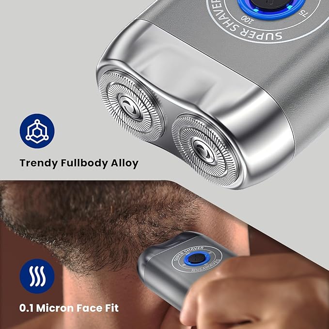 Mini Electric Shaver for Men, Alloy Portable Shaver for Face & Beard, IPX7 Waterproof Rechargeable Travel Razor with Detachable Head, Cordless Wet/Dry Shaving, Easy Cleaning