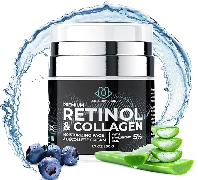 Retinol Cream for Face & Neck, Collagen Moisturizer, Day & Night Cream for Women & Men, Anti Aging, Wrinkle Cream with Hyaluronic Acid, Made in USA