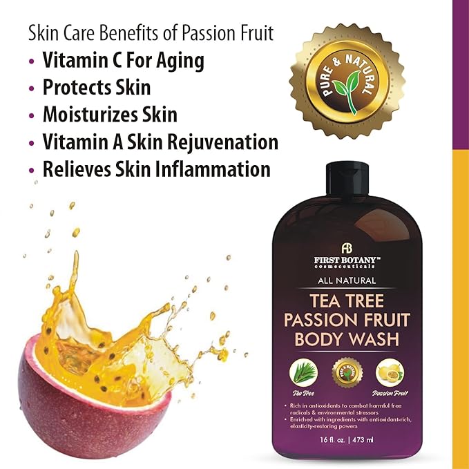 First Botany All Natural Body Wash - Fights Body Odor, Athlete's Foot, Jock Itch, Nail Issues, Dandruff, Acne, Eczema, Shower Gel for Women & Men, Skin Cleanser -16 fl oz (Passion Fruit)