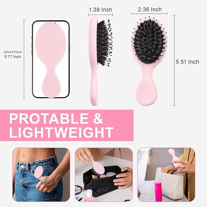 Mini Boar Bristles Hair Bursh, Travel Size Hair Brush for Women Men Kids, Protable Small Hair Brushes for Pockets Purses, Mini Hair Brush for Smooth Add Shine (1 Pack-Pink)