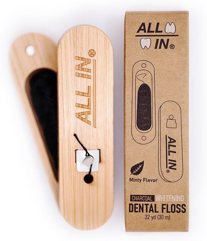 ALL IN Waxed Charcoal Floss with a Refillable Dental Floss Magnetic Holder - Plant Based, Natural, and No PFAS - Mint Floss for Effective Plaque Removal, Clean Teeth, Fresh Breath - 32 yd (2)