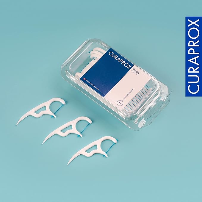 Curaprox Flosspic – Dental Floss and Toothpick in One for Interdental Cleaning | Ergonomic Design, 30-Pack | Swiss Made