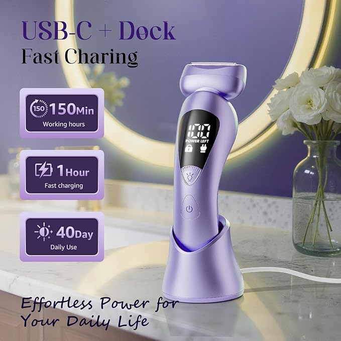 Cordless Electric Razors for Women: Rechargeable Painless Bikini Trimmer for Body Hair - IPX7 Waterproof Shaver with LED Display for Face/Underarm/Leg Deep Purple