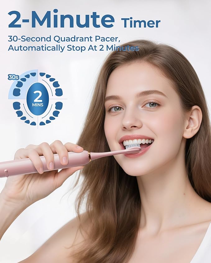 Pink Electric Toothbrushes, with 4 Brush Heads, 1 Travel Toothbrush Case, for Adults and Kid Electric Toothbrush, Long 180-Day Battery Life, 6 Modes, IPX7 Waterproof, Smart 2-Minute Timer.