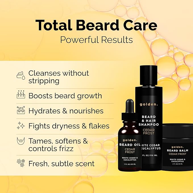 Golden Grooming Co. Everyday Beard Bundle – Complete Beard Care Set | Includes Beard Oil, Balm & Shampoo (Regular, Cedar Frost)