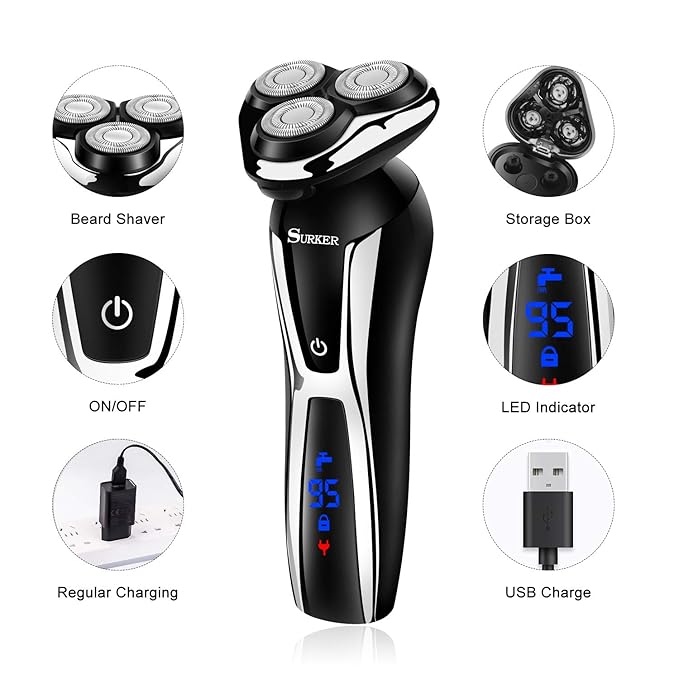 SURKER Electric Shaver Razor Cordless Beard Trimmer for Men Nose Hair Trimmer 3 in 1 Grooming Kit Plus 1 Facial Cleansing Brush Waterproof USB Rechargeable Dry Wet