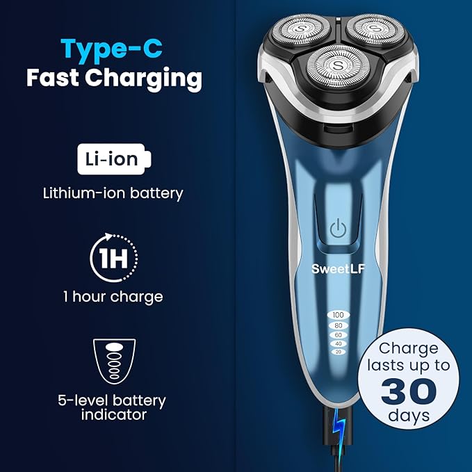 Waterproof Men’s Electric Shaver with Travel Case, Powerful & Quiet, Type C Fast Charge (60min Charge, 120min Use), Precision Trimmer (Blue)