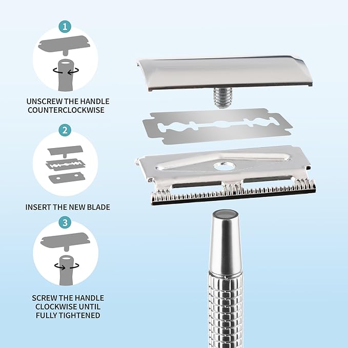 Gearhub Double Edge Safety Razor Reusable Stainless Metal Wet Shaving Razor with 10 Swedish Platinum Blades for Men Women Barber Bikini Armpit Hair, Silver GR131