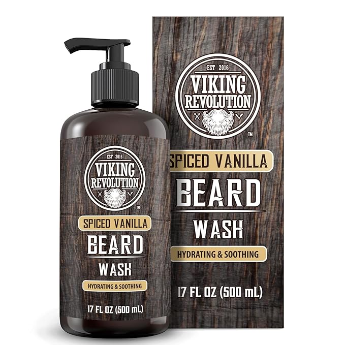 Viking Revolution Spiced Vanilla Beard Wash for Men with Argan Oil and Jojoba Oil - Beard Softener and Strengthener Beard Shampoo with Beard Oil - Beard Care to avoid Beard Dandruff and Itch (17 oz)