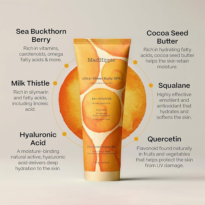 Mad Hippie Body Sunscreen SPF 40, Ultra Sheer Mineral Lotion with Zinc Oxide, Antioxidant Sun Protection, Fragrance-Free, Reef Safe, 4 Oz