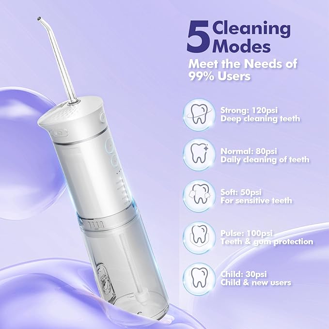 Bezvoi Water Flosser Mini Cordless Portable: 5 Modes Travel Water Dental Floss with Telescopic Water Tank, IPX7 Waterproof Oral Irrigator for Teeth Cleaning Gums,Orthodontic,Braces Care (White)