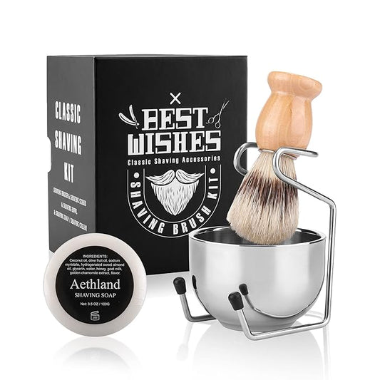 Aethland Shaving Brush Set for Men, 4 in1 Include 100g Shaving soap, Badger Shaving Brush and Stainless Steel Shaving Stand & Shaving Bowl for Husband Birthday Boyfriend Father's Day Gifts（Upgrade W)