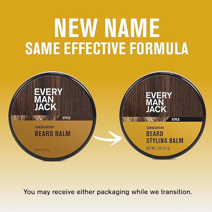 Every Man Jack Beard Styling Balm - Light Sandalwood Scent - Moisturize, Strengthen, and Style Your Beard - Medium Hold - Made w/Naturally Derived Ingredients like Candelilla Wax and Shea Butter - 2oz