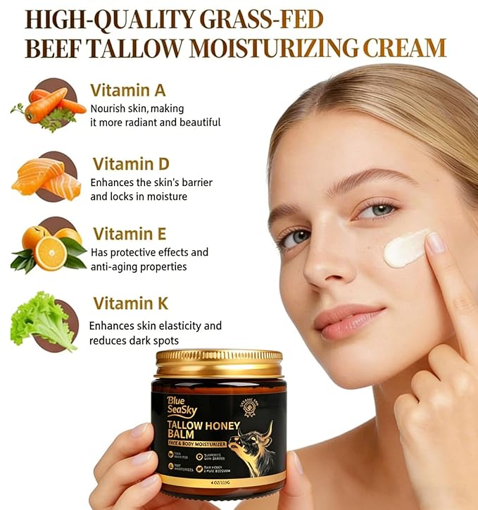 Upgraded Beef Tallow for Skin Handmade Whipped Organic Grass-Fed Tallow and Honey Balm for Eczema & Rosacea,Non-Comedogenic,Beef Tallow Face Moisturizer for Dry, Sensitive Skin(4oz Unscented)