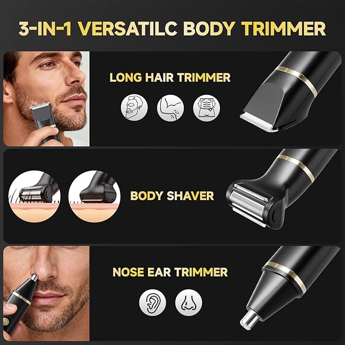 Beard Trimmer for Men, IPX7 Waterproof Body Hair Trimmer Electric Razor Shavers Cordless Grooming Kit for Beard Nose Ear Legs Chest Groin Pubic