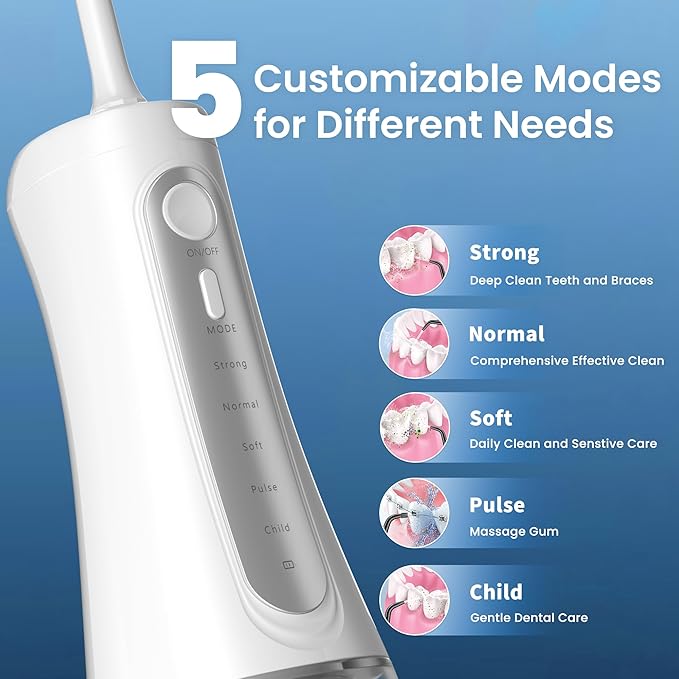 Cordless Water Flosser for Teeth, U-Shaped Flossing 360° Deep Clean, 5 Modes 7 Jet Tips for Adult & Child, Portable Rechargeable Dental Flosser Pick for Braces, Travel, 350ML Large Tank