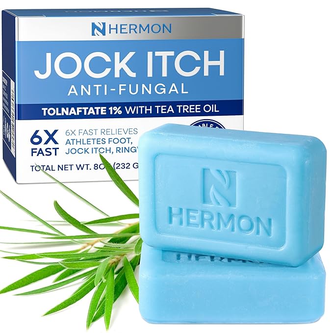 Hermon Jock Itch Antifungal Soap: Antifungal Bar with Tea Tree Oil Soothing Care & Relief of Itching, Burning & Scaling from Jock Itch, Athlete’s Foot & Ringworm – 2 Bars