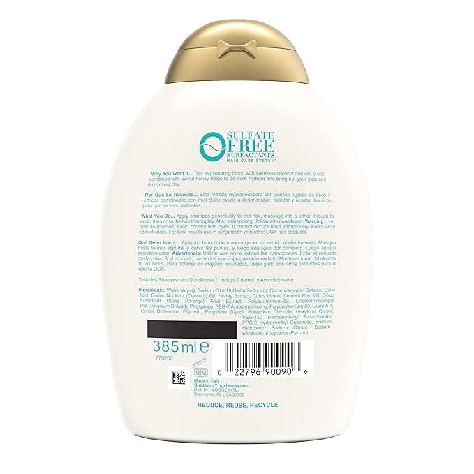 OGX Curly Hair Shampoo, 13 fl oz, Pack of 2 | Coconut Oil | Curl-Defining | Hydrating | Sulfate-Free