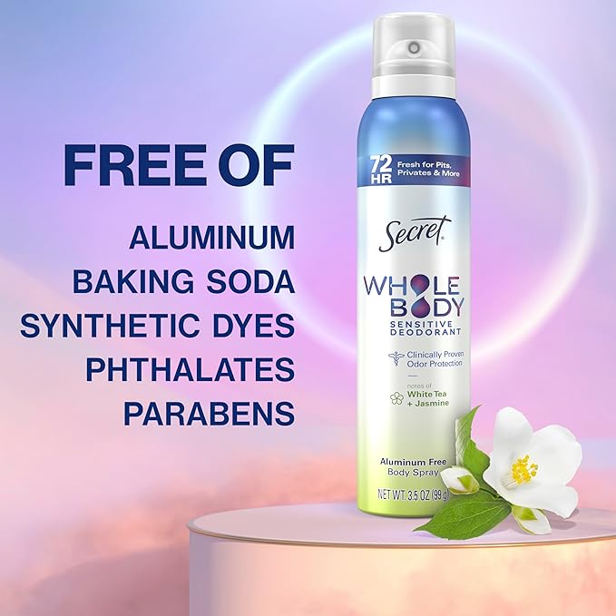Secret Whole Body Deodorant for Women, Spray White Tea & Jasmine Scent, Aluminum Free Deodorant Spray, 72 HR Odor Protection, 3.5 oz