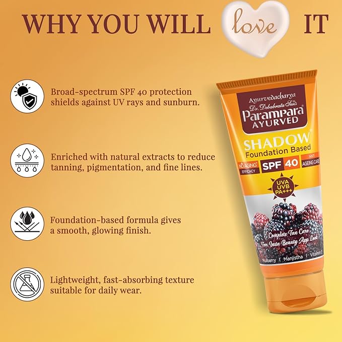 Ayurved Shadow Foundation Based SPF 40 PA+++ Sunscreen Cream | UVA UVB Protection for Face & Body | Water Resistant, Fast Absorbing, Non Greasy, Men & Women | 60ml