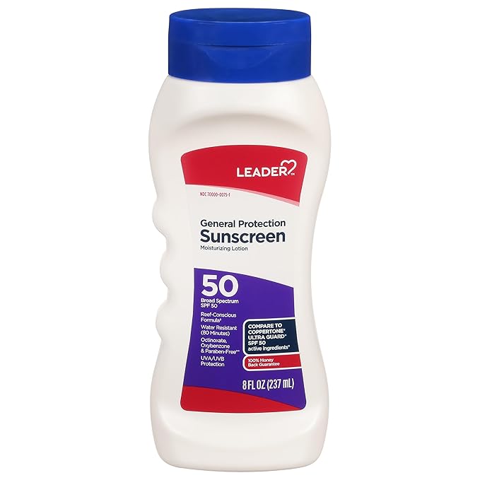 LEADER Sunscreen General Protection Moisturizing Lotion, Broad Spectrum, SPF 50, Water Resistant (80 mins), Reef Friendly Formula, Octinoxate, Oxybenzone & Paraben-Free, Family Friendly, 8 Fl oz