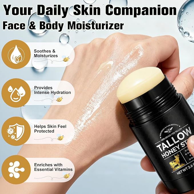 Beef Tallow Honey Balm Sticks for Skin & Face,Whipped Beef Tallow Face Moisturizer Cream with Raw Honey, Grass Fed Cow Beef Tallow Cream, All Natural Pure Body Lotion for Women & Men, Unscented