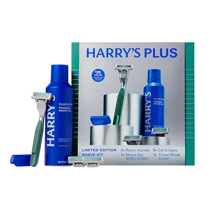 Harry's Plus Men's Father's Day Gift Set with Shaving Razor, 3 Blade Refill Cartridges, 6.7 FL OZ Foaming Shave Gel, Shaving Kit for Men