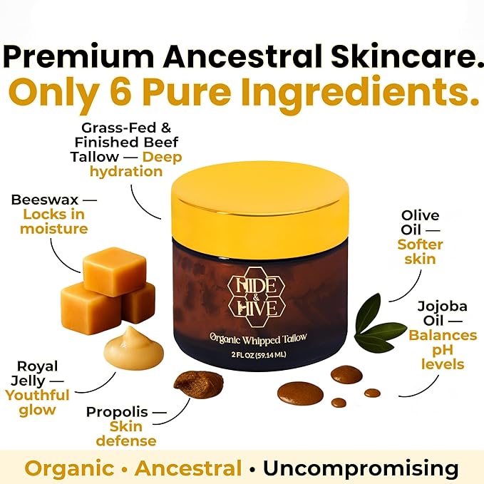 HIDE & HIVE Whipped Tallow Balm – Grass-Fed Moisture for Face, Body & Hands – Organic Beef Tallow for Skin with Royal Jelly & Propolis – Clean, Non-Greasy Balm for Dry, Sensitive Skin